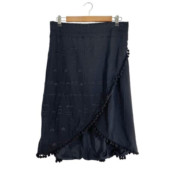 NWT Lane Bryant Black Faux Wrap Skirt Pom Pom Fringe Trim Size 14 Embroidered - Picture 1 of 5